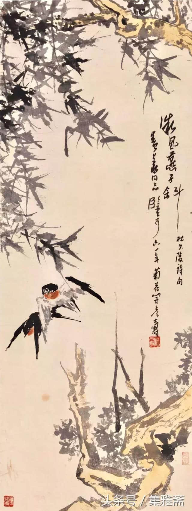 心手相应 指墨留馨｜潘天寿指墨精品《微风燕子斜》