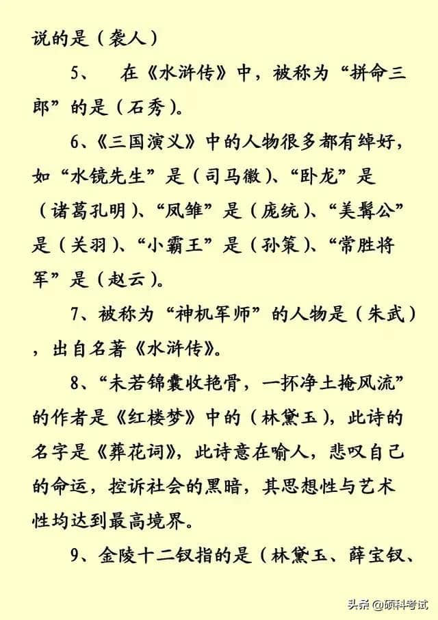 中国四大名著积累知识点汇总，升学考试必考知识点，收藏好！